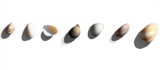 Aufkleber - Collection of assorted sea shells displayed on a clean white background showcasing natural textures and colors for decorative use.