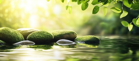 Poster - Serene river scene with moss-covered rocks reflecting sunlight near lush greenery in a tranquil water setting.