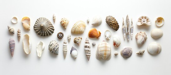 Aufkleber - Assorted sea shells arranged neatly on a white background showcasing diverse textures and colors for marine-themed designs.