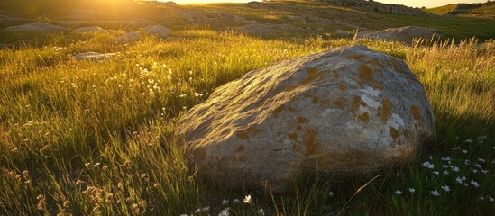 Poster - Sunlit Rock Surrounded by Grass and Wildflowers in Natural Landscape at Dusk