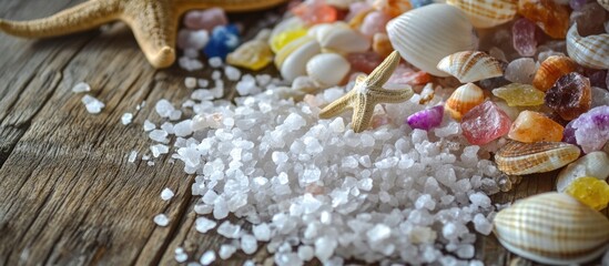 Aufkleber - Sea salt crystals seashells and starfish scattered on a rustic wooden surface creating a vibrant coastal aesthetic