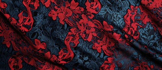 Poster - Elegant red lace fabric against a deep blue background featuring intricate floral patterns and ruby texture for upscale design projects.