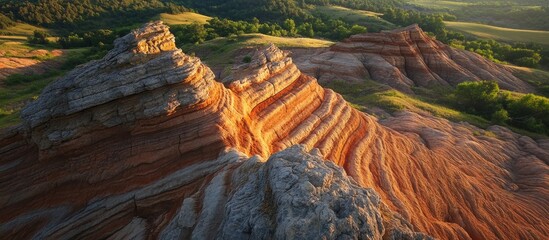 Aufkleber - Aerial view of colorful layered rock formations in a scenic landscape showcasing natural textures and shapes in soft evening light.
