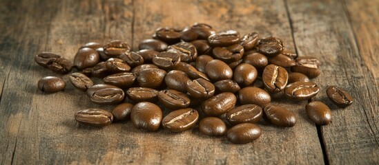 Aufkleber - Roasted coffee beans arranged on rustic wooden surface for a warm and inviting food background.