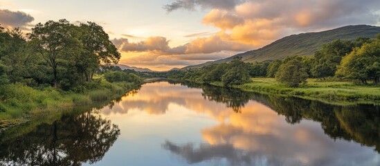 Poster - Serene landscape with a tranquil river reflecting a colorful sunset and lush greenery overlooking a scenic mountain backdrop