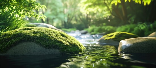 Aufkleber - Serene river scene with moss-covered rocks surrounded by lush greenery and soft sunlight reflecting on the water surface.