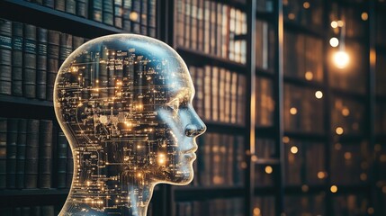 Poster - A conceptual image showing the past and future of learning: dusty books contrasting with digital AI insights.