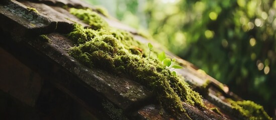 Poster - Moss-covered roof tile showcasing nature's reclamation and the beauty of aged architecture in a serene outdoor setting.