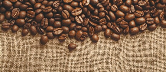 Poster - Roasted coffee beans scattered on rustic burlap fabric highlighting rich texture and natural aroma of coffee.