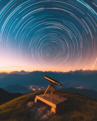 Aufkleber - Stellar Sky Spectacle Time-Lapse Star Trails and Telescope on Rustic Wood Mount - Innovative Content for Educational and Tech Marketing Solutions