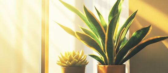 Poster - Sansevieria Gold and succulent on window sill in bright sunlight showcasing modern interior plant decor and natural light ambiance