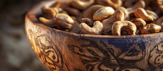 Poster - Roasted cashew nuts in a decorative wooden bowl showcasing natural texture and detail ideal for food photography or healthy snack themes.