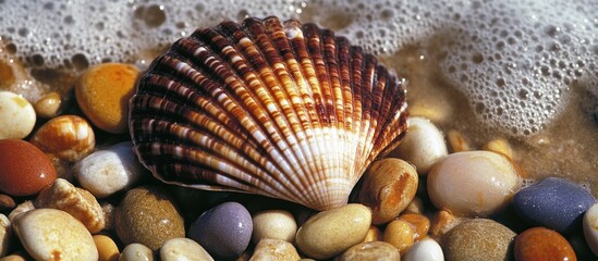 Aufkleber - Seashell resting on colorful pebbles with gentle waves lapping at the shore in a serene beach setting.
