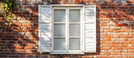 Poster - Charming white window with shutters on a rustic red brick wall illuminated by natural light.