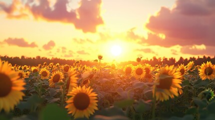 Canvas Print - Vibrant Sunset Illuminating a Lush Sunflower Field with Dramatic Clouds in the Sky