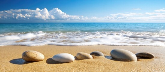Aufkleber - Pebbles on sandy beach with gentle waves and clear blue sky creating a serene nature landscape ideal for relaxation and mindfulness themes.