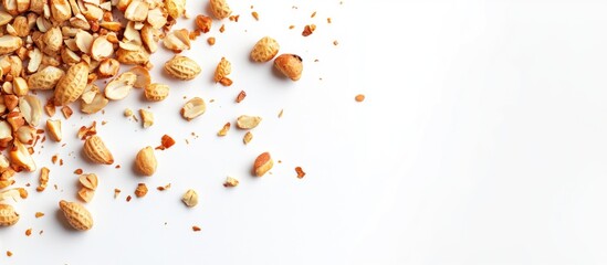 Aufkleber - Roasted peanuts scattered on a clean white background showcasing their texture and color variations for food photography.