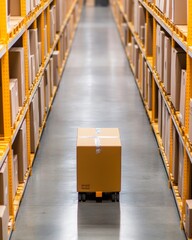 Fototapete - Robotics-Enhanced E-commerce Storage Automated Shelving and Transport Vehicle in Concrete-Walled Center - Streamlined Logistics for Digital Fulfillment Efficiency