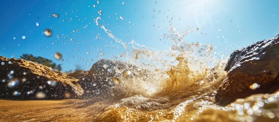 Aufkleber - River water splashing over sand creating a dramatic scene with sunlight and droplets in a natural outdoor setting.