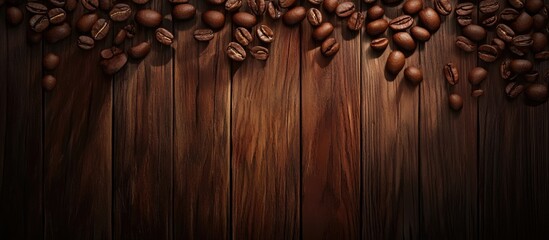 Poster - Roasted coffee beans scattered on a rustic wooden background creating a warm and inviting atmosphere for coffee enthusiasts.