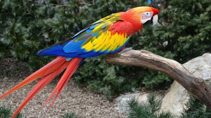 Poster - Scarlet macaw displaying vibrant plumage while perched on a branch in a lush natural setting surrounded by greenery.