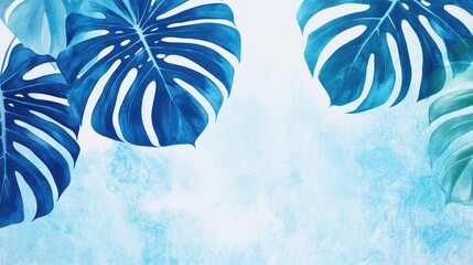 Poster - Tropical Leaf Silhouettes in Watercolor Sky Blue Background for Summer Decor and Design Projects