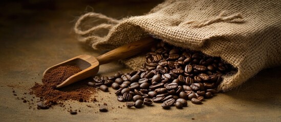 Poster - Roasted coffee beans spilling from burlap sack with wooden scoop on rustic background