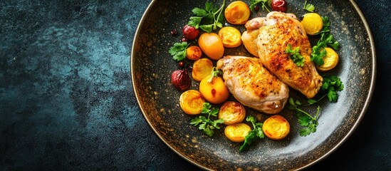 Poster - Roast chicken with garden vegetables on rustic plate showcasing freshness and warmth ideal for culinary promotion or recipe presentation