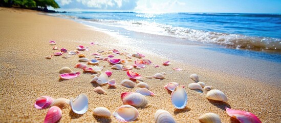 Poster - Colorful sea shells scattered on sandy beach at Sanur Bali during a serene morning under clear skies and gentle waves.