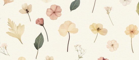 Poster - Pressed and dried flower pattern ideal for vintage decor and botanical designs in soft pastel colors on a light background.