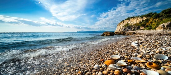 Poster - Scenic rocky shoreline with seashells under bright blue skies and gentle waves on a sunny day by the ocean.
