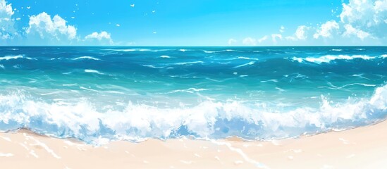Poster - Serene beach scene with white foam waves rolling onto pristine white sand under a bright blue sky and scattered clouds.