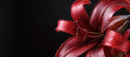 Poster - Closeup of a vibrant red lily with water droplets on petals against a black isolated background showcasing nature's beauty after rain