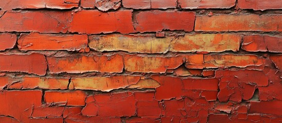 Poster - Red brick wall texture with weathered surface showing peeling paint and vintage charm suitable for backgrounds and design projects.