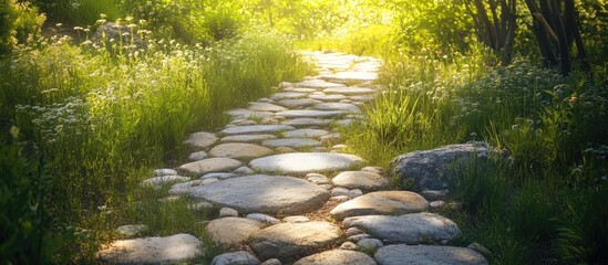 Aufkleber - Serene pathway of smooth and rugged stones through lush greenery illuminated by warm sunlight