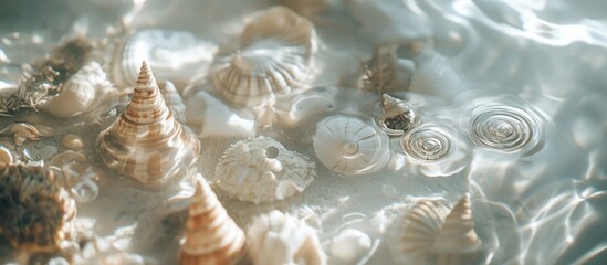 Poster - Close up of various sea shells submerged in shimmering water creating a tranquil and textured marine background for nature themes