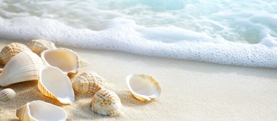Aufkleber - Seashells on sandy beach with gentle waves creating a serene coastal scene ideal for summer themes and messaging.