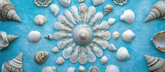 Aufkleber - Sea shells mandala design arranged in a circular pattern on a vibrant blue background showcasing natural textures and coastal aesthetics.