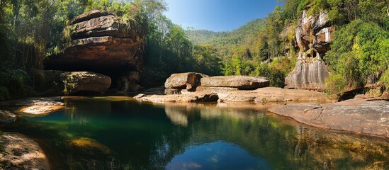 Aufkleber - Devil's Cave panoramic view in Eldorado Sao Paulo showcasing lush greenery and tranquil waters in January 2017