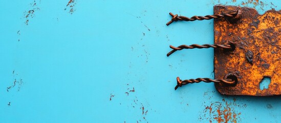 Aufkleber - Rusty metal fragments fastened with wire on a vibrant blue background with ample space for text and creative design elements