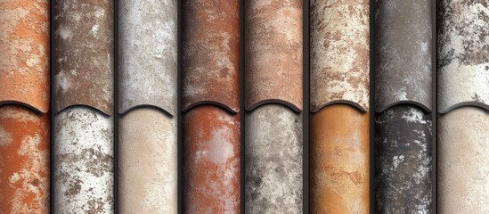 Aufkleber - Roof tile texture close-up showcasing a variety of weathered colors and patterns ideal for architectural or design backgrounds.