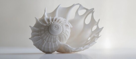 Aufkleber - Elegant white sea shell with intricate spiral design displayed against a soft, neutral background emphasizing its natural beauty.