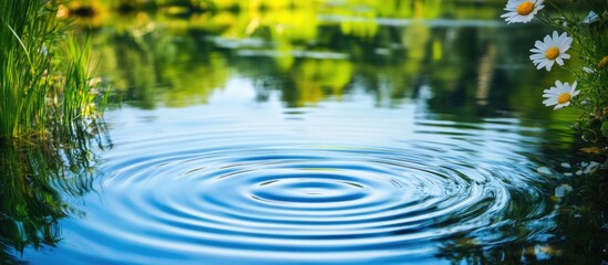 Aufkleber - Rippling Water Surface of a Serene Pond Surrounded by Greenery and Wildflowers on a Bright Sunny Day