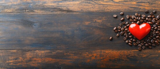 Aufkleber - Aromatic coffee beans arranged around a decorative red heart on a rustic wooden background in a top view composition.