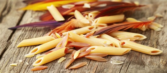 Aufkleber - Colorful Italian penne pasta scattered on a rustic wooden surface surrounded by vibrant feathers and grains in a creative presentation.