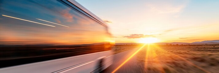 Poster - Streamlined Coach Bus on Open Highway at Sunset Aerodynamic Design, Panoramic Views and Storage - Commercial Transport Content for Modern Intercity Mobility Solutions