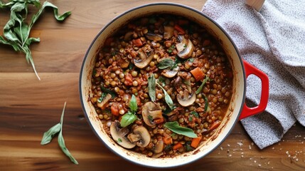 Aufkleber - Hearty vegan lentil and mushroom bolognese served in a pot with fresh herbs and vegetables on a rustic wooden table