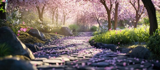 Poster - Serene rock pathway lined with blooming sakura trees and scattered petals in a tranquil garden setting