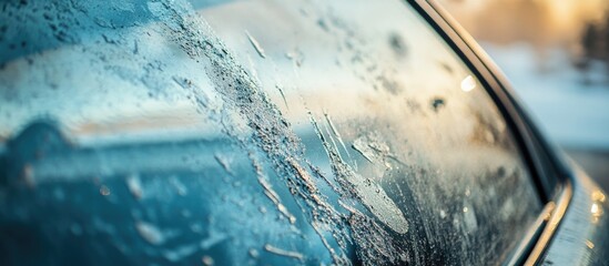 Aufkleber - Frosted and Scratched Car Window Close-Up Capturing Winter's Chill and Reflections in Soft Natural Light