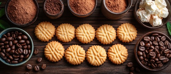 Poster - Savoyardi cookies arranged neatly with cocoa powder, coffee beans, and decorative elements on a rustic wooden background.